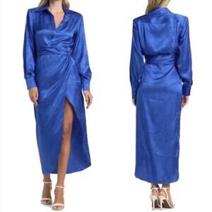 Ronny Kobo Bernice Satin Blue Midi Dress Long Sleeve Shirtdress NWT Size Medium